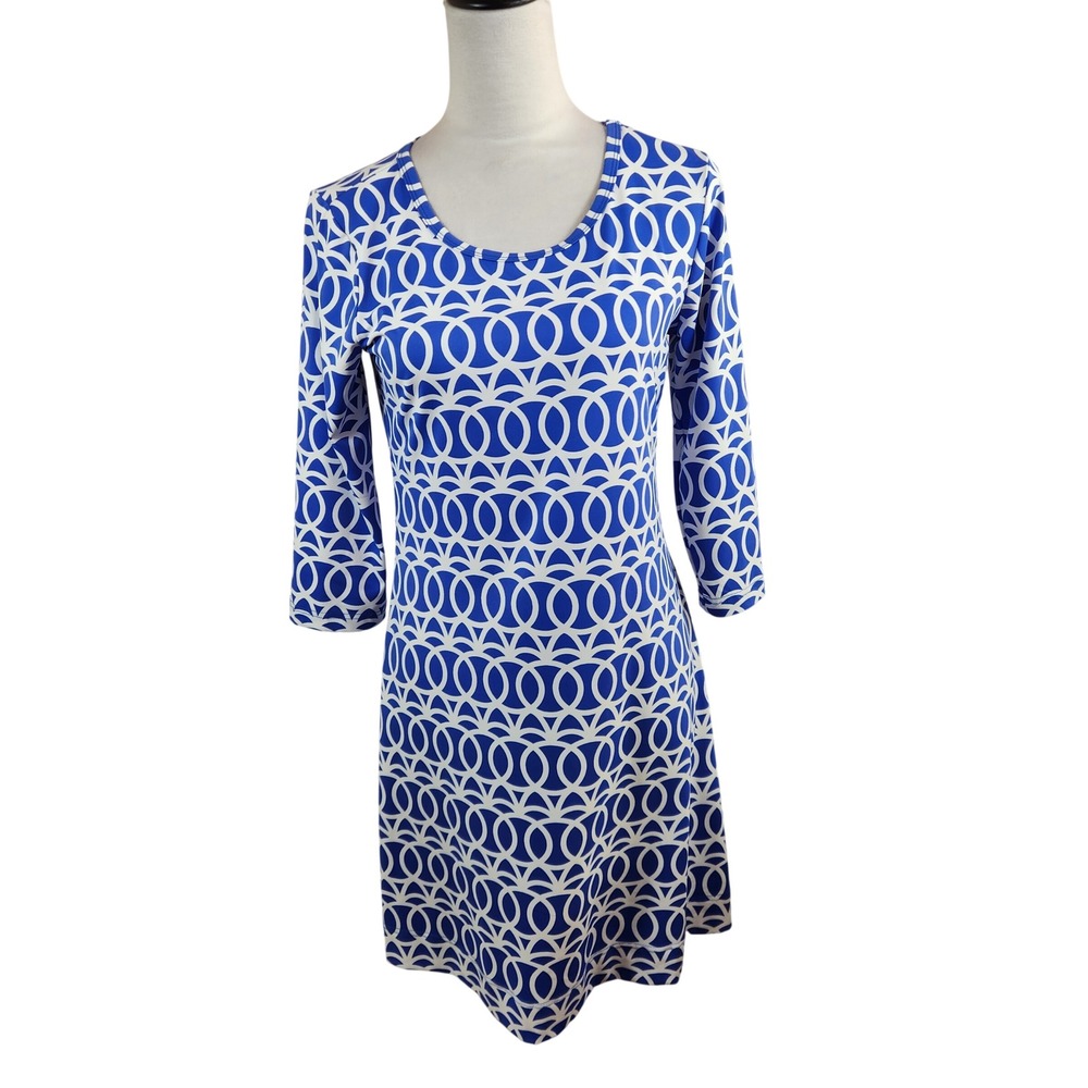 Lulu-B Women Blue White Geometric Print 3/4 Sleeve Shift Dress Size XS SP520